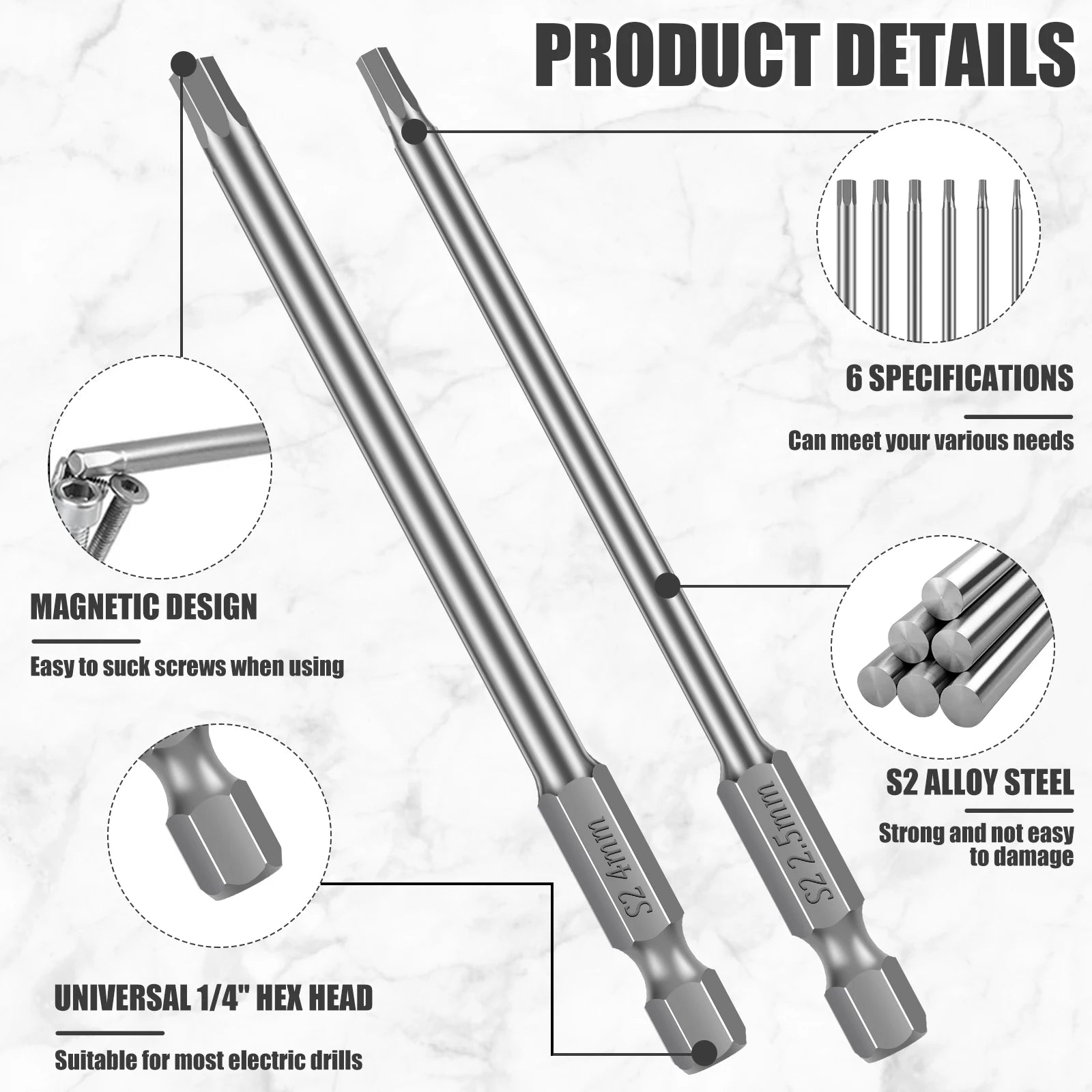 10/6pcs Hex Allen Key Bit Set S2 Steel 1/4” Hex-Shank Metric Inner Hexagon Screwdriver Bit Multiple Size for Assembling Furnitur Zpaxo