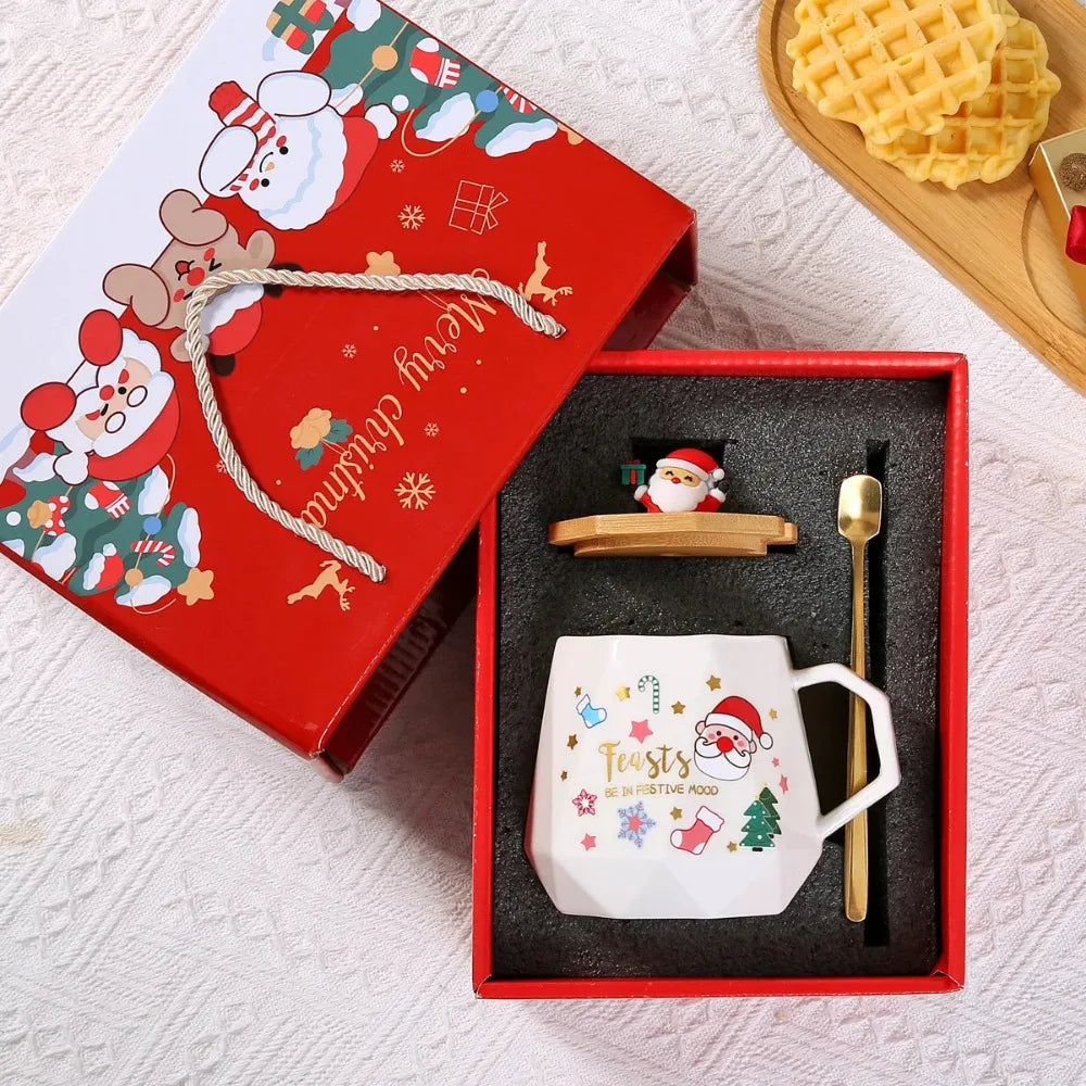 Christmas Ceramic Mug Lid Spoon Box Featuring Santa Claus Office Home