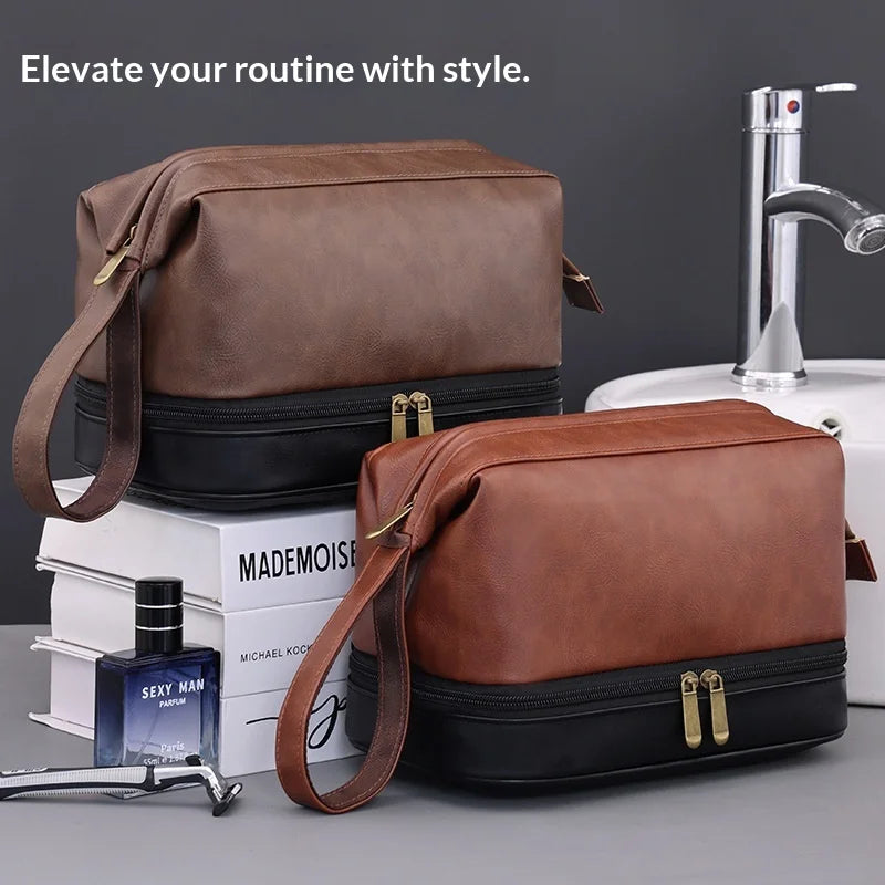 Hot Vintage Luxury Double-layer Men's Wash Bag, Portable and Large-capacity Handheld Cosmetic Storage Bag for Outdoor Use Zpaxo