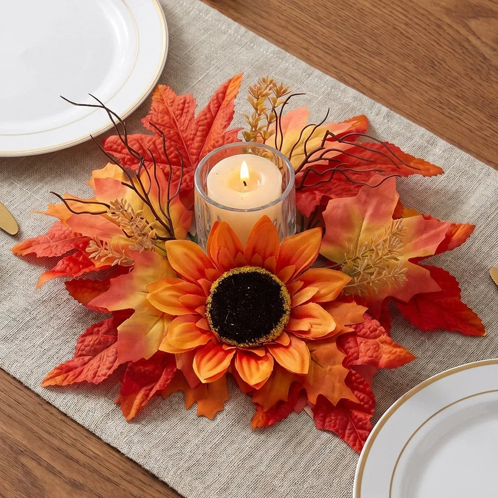 Fall Sunflower Maple Candle Ring Wreath | Artificial Autumn Decor