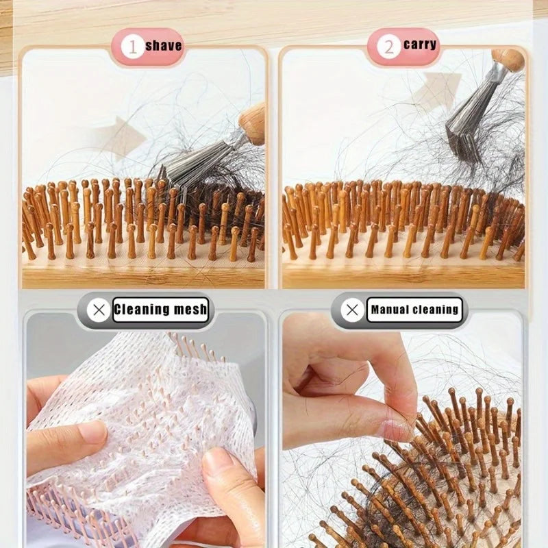 Hair Brush Cleaner Stainless Steel Toothed Wooden Handle Bamboo