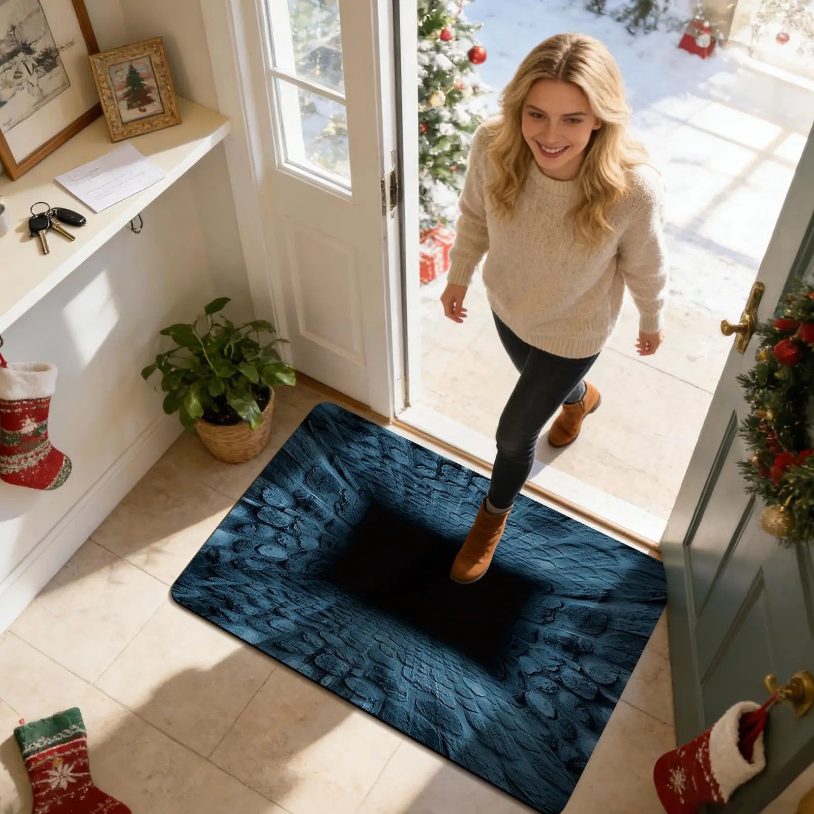 3D Optical Illusion Rug Non Slip Quick Dry Carpet Mat 80x50cm Hole