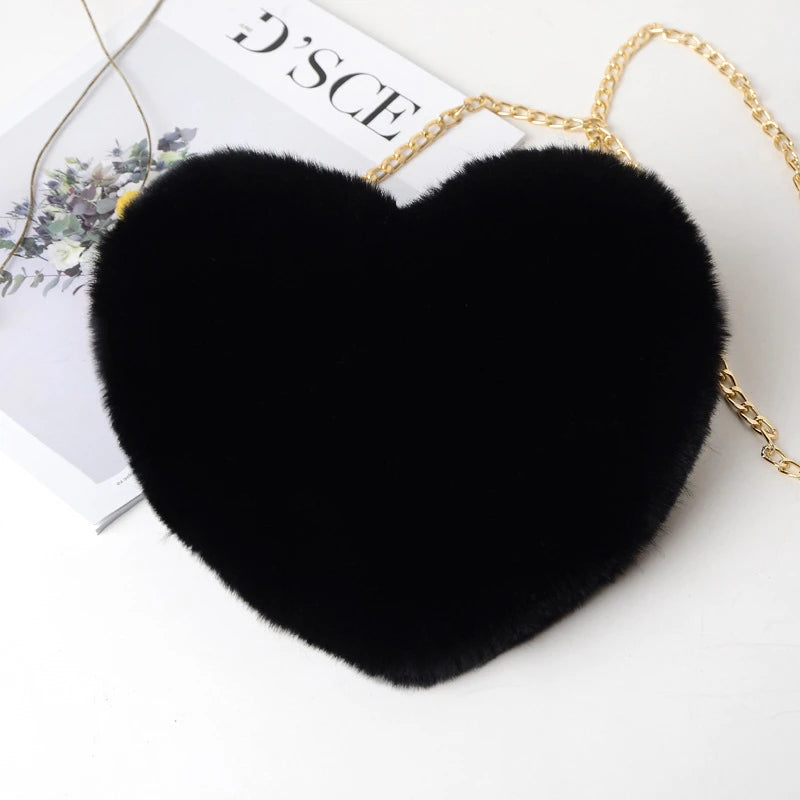 Fashion Women's Heart Shaped Handbags Cute Kawaii Faux Fur Crossbody
