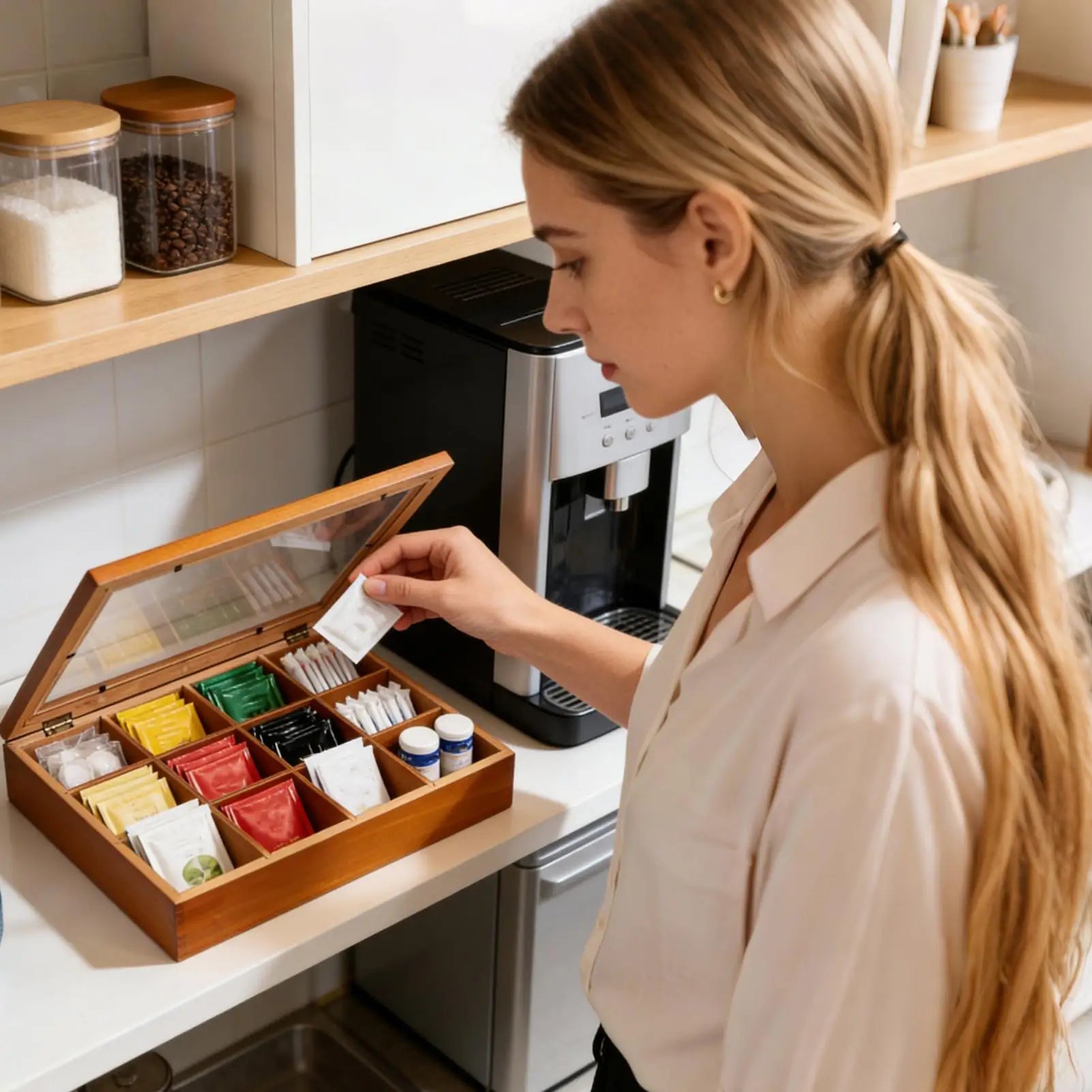 Tea Bag Organizer 12-Compartments Wooden Box Storage Clear Lid Home