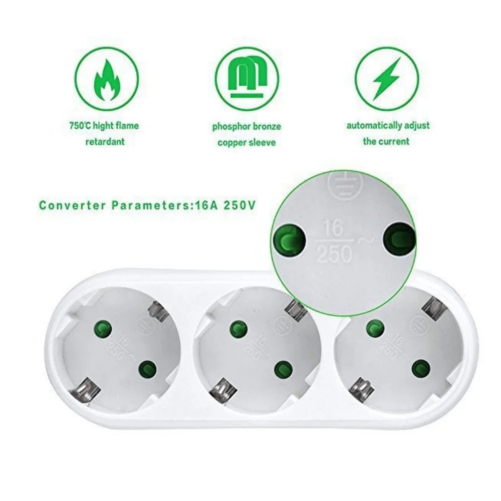 EU 3-Way Power Strip Adapter European Standard 16A 250V Multi Plug Outlet Wall Extender for Home Office Zpaxo