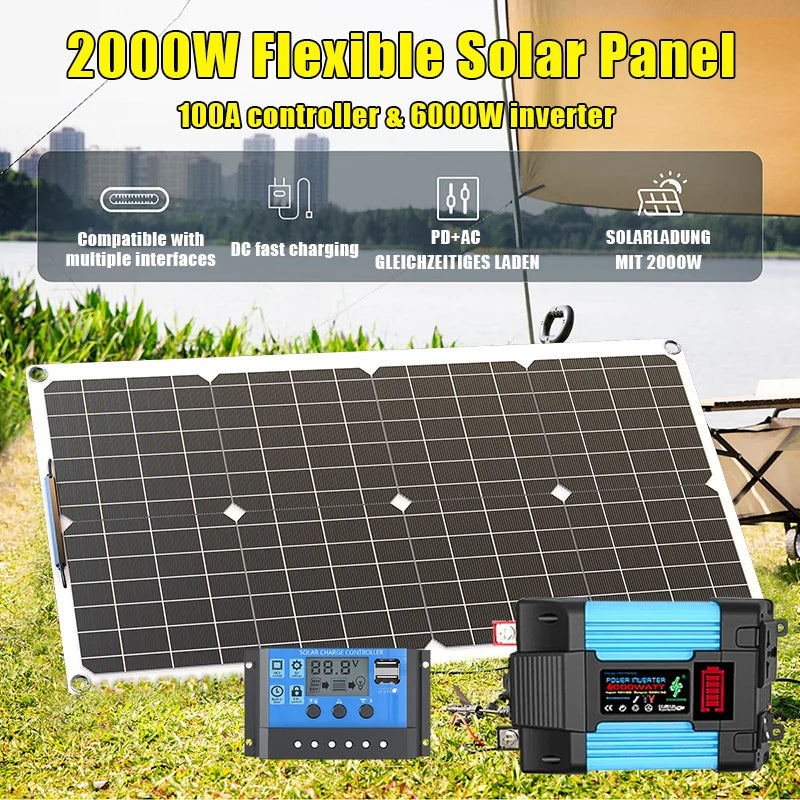 2000W Solar Panel 12V Battery Charger 4000W 110V 220V Inverter Zpaxo