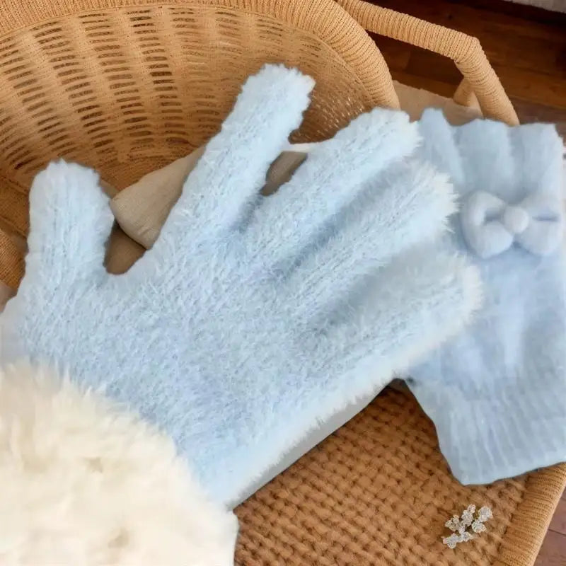 Charming Plush Gloves Bow Detailing Keep Warm Winter Stylish Women Zpaxo