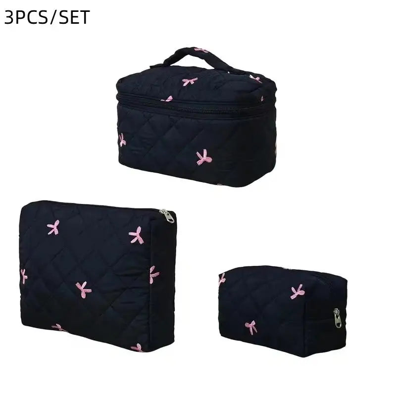1 Black Women Portable Makeup Bag Large Capacity Bow Quilting Zpaxo 3PCS