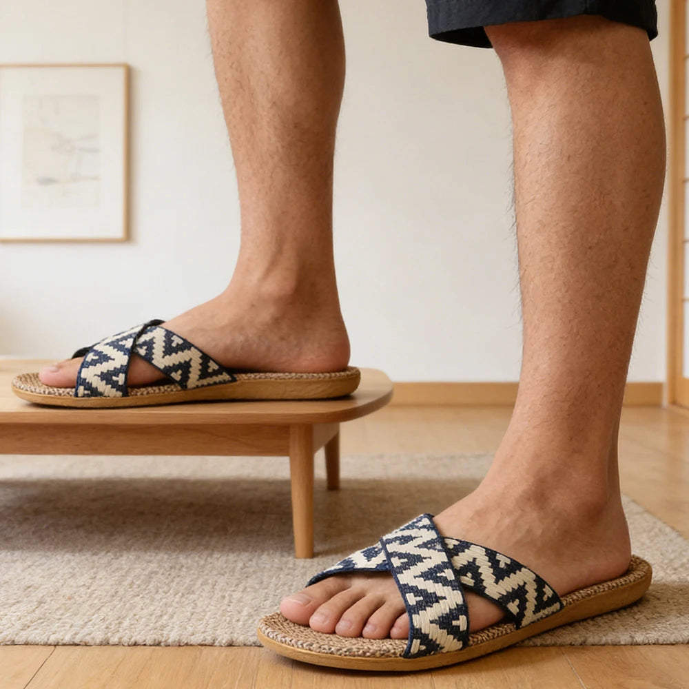 Men Slippers Lightweight Indoor Linen Antislip Home Shoes Summer Flat