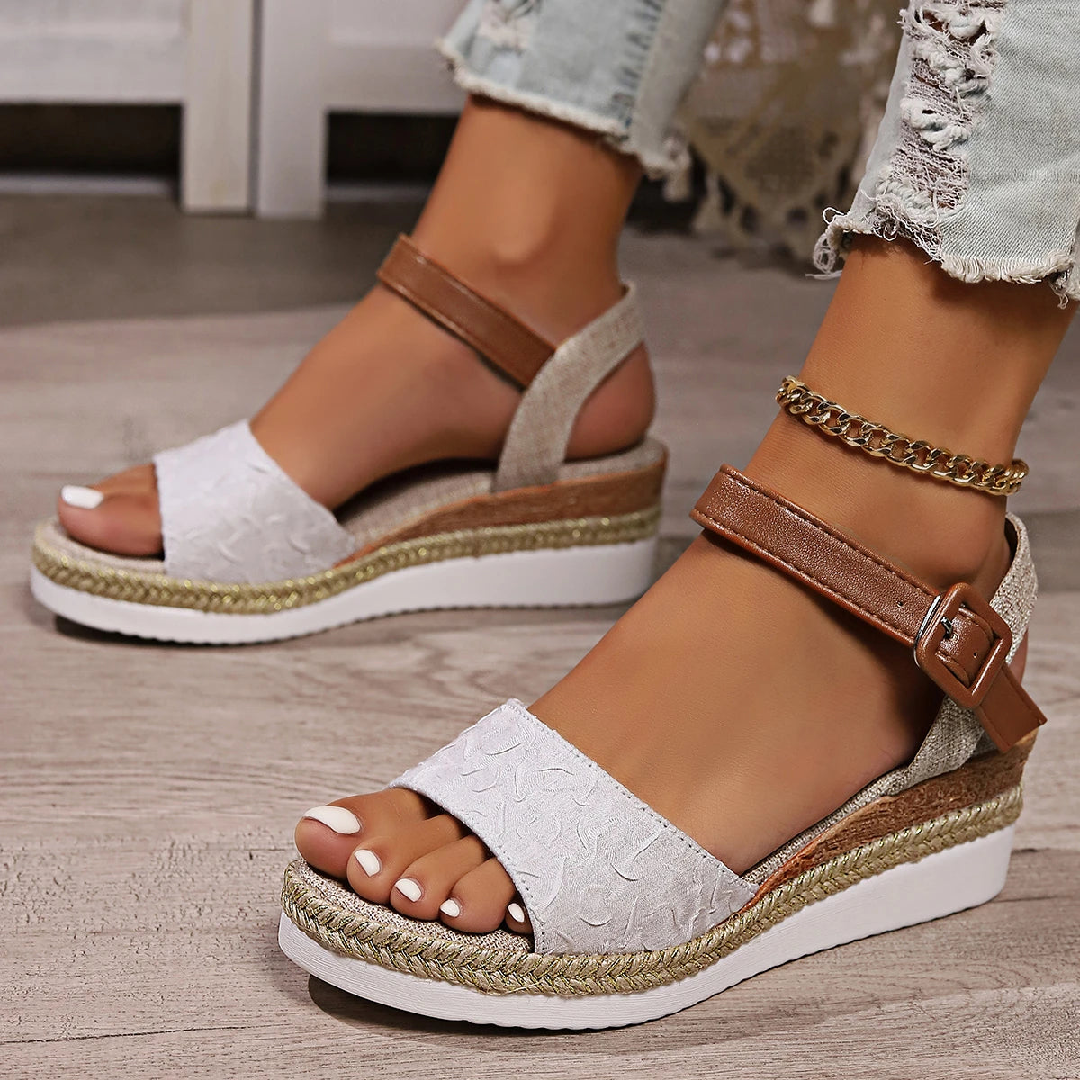 Women Sandals Summer Espadrille Strap Wedge Sandals Women Casual Open Toe Shoes Women Roman Platform Sandals Zapatos De Mujer Zpaxo WHITE 37