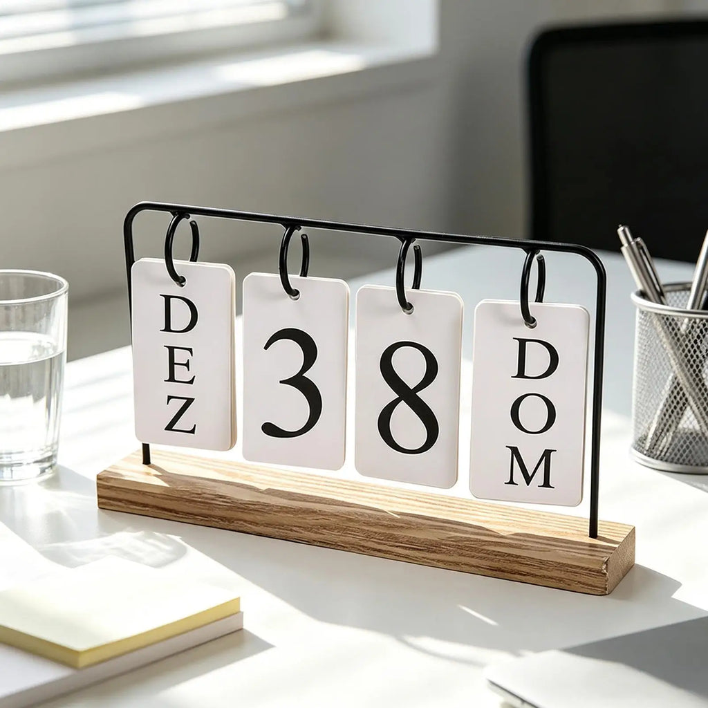 Wooden Perpetual Calendar Modern Metal Standing Base Daily Desk Home