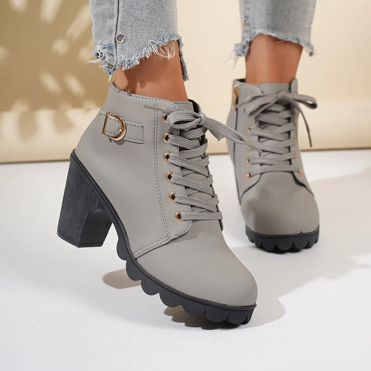 2025 New Women Ankle Boots High Quality Lace-up Boots Ladies Comfortable High Heels Shoes for Women Spring Winter Women Pumps Zpaxo