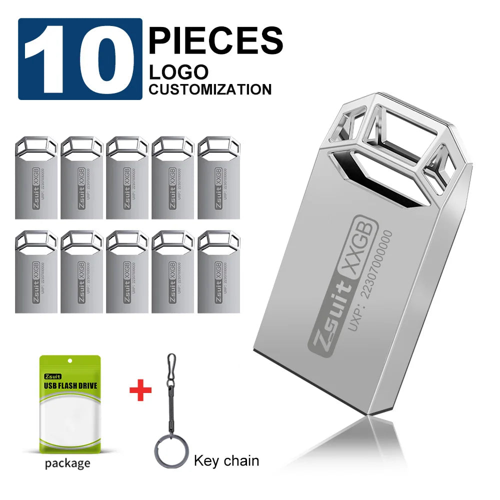 Zsuit 10PCS/LOT Metal 2.0/3.0 USB Flash Drive 32GB 16GB 128GB Pen Drive 64GB Custom Creative Gift Memory Stick 8GB Mini U Disk Zpaxo Silver 2.0-8GB