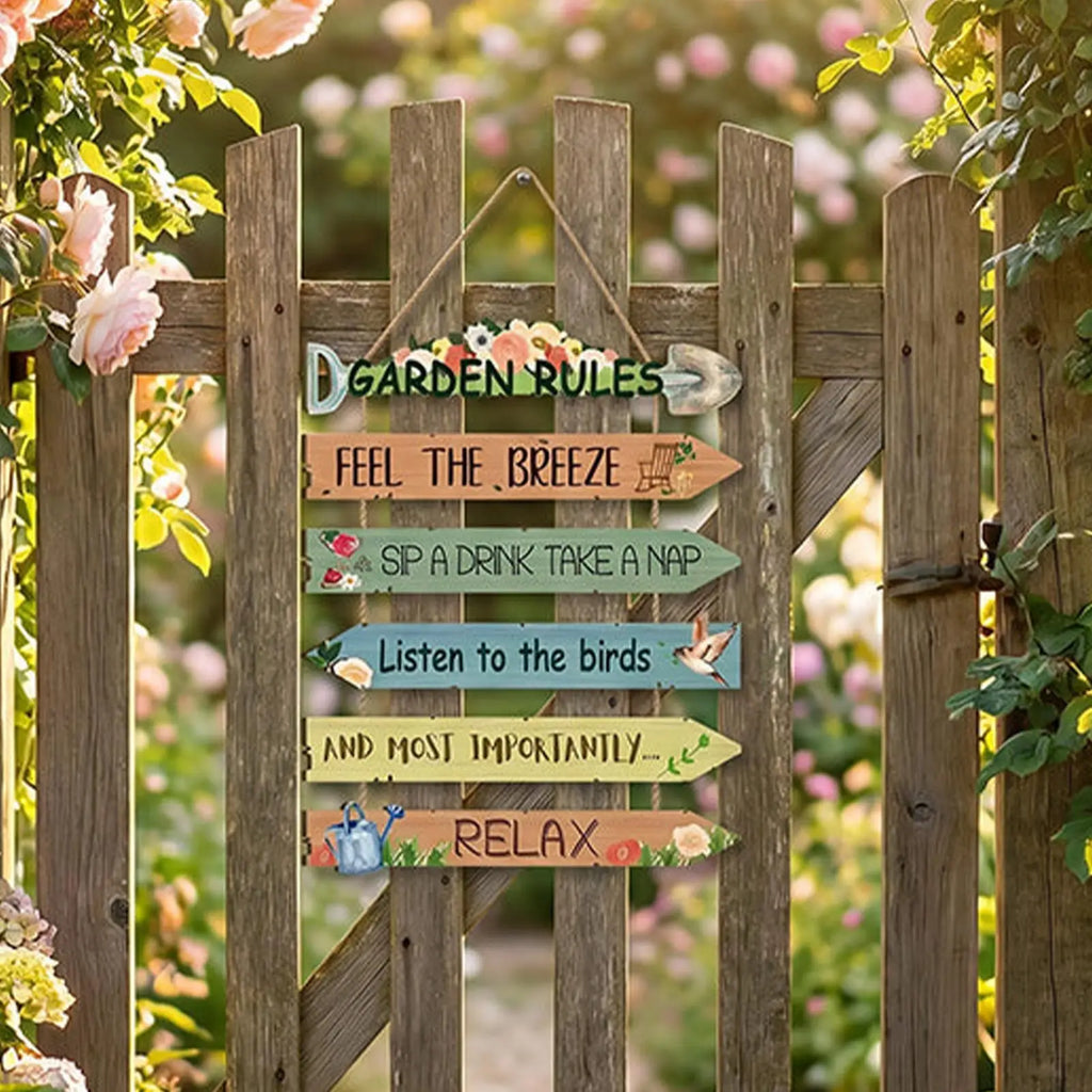 Funny Garden Rules Sign Rustic Wooden Wall Decor Bird Floral Design