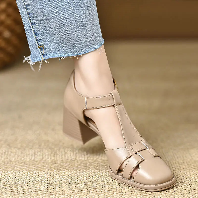 2025 New Fashion Classics Genuine Leather Sandals Woman Thick High Heels Sandals Office Ladies Dress Summer Shoes Heels Women Zpaxo
