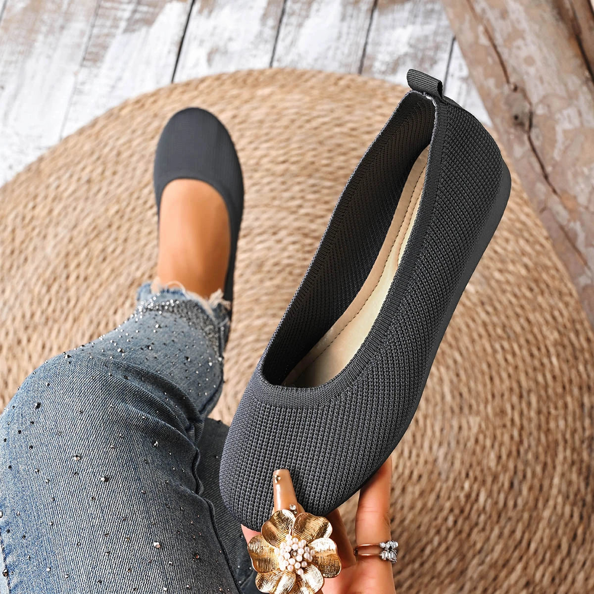 Spring Women Flats Shoes Round Toe Plus Size Light Shoes Knitting Sock Sneakers Breathable Slip on Shoes Female Zapatos De Mujer Zpaxo GRAY 40