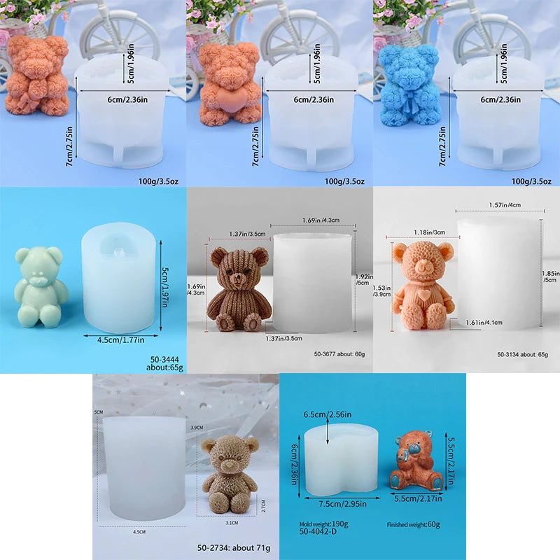 3D Bear Candle Silicone Mold DIY Heart Rose Cartoon Bear Aromatherapy Soap Gypsum Wax Clay Craft Ornament Making Gift Home Decor Zpaxo