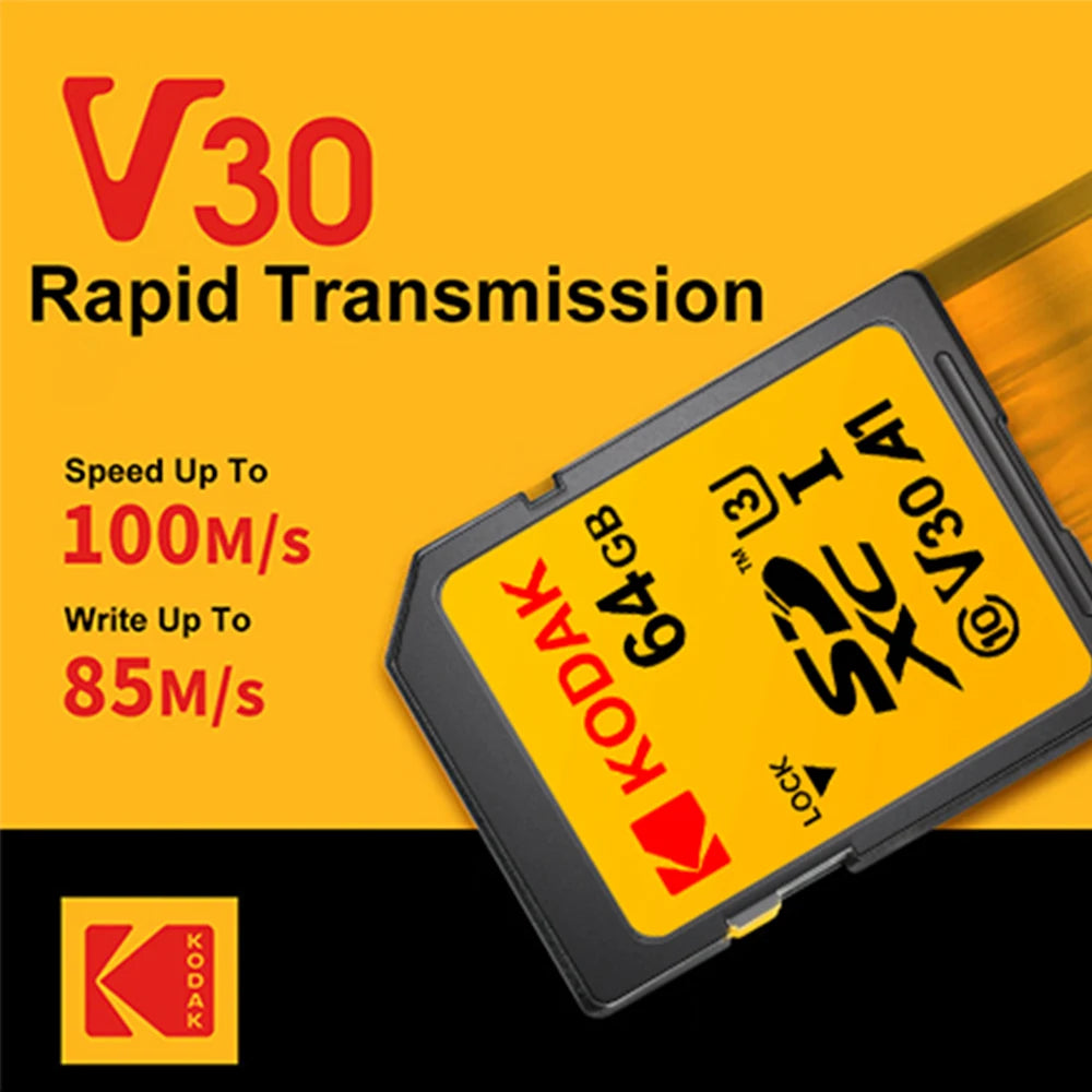 KODAK V30 256GB SD Card UHS-I U3 High Speed Up To 100MB/s Perfect for Full HD Video 64G 128G sd Memory Card SDXC For Camera Zpaxo