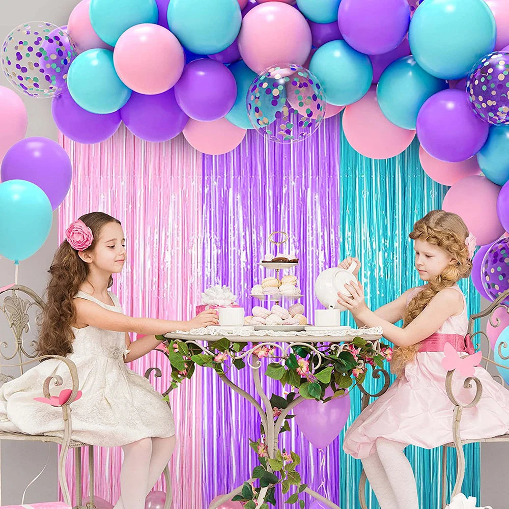 Mermaid Theme Foil Fringe Curtain Pink Blue Purple Curtains Photo