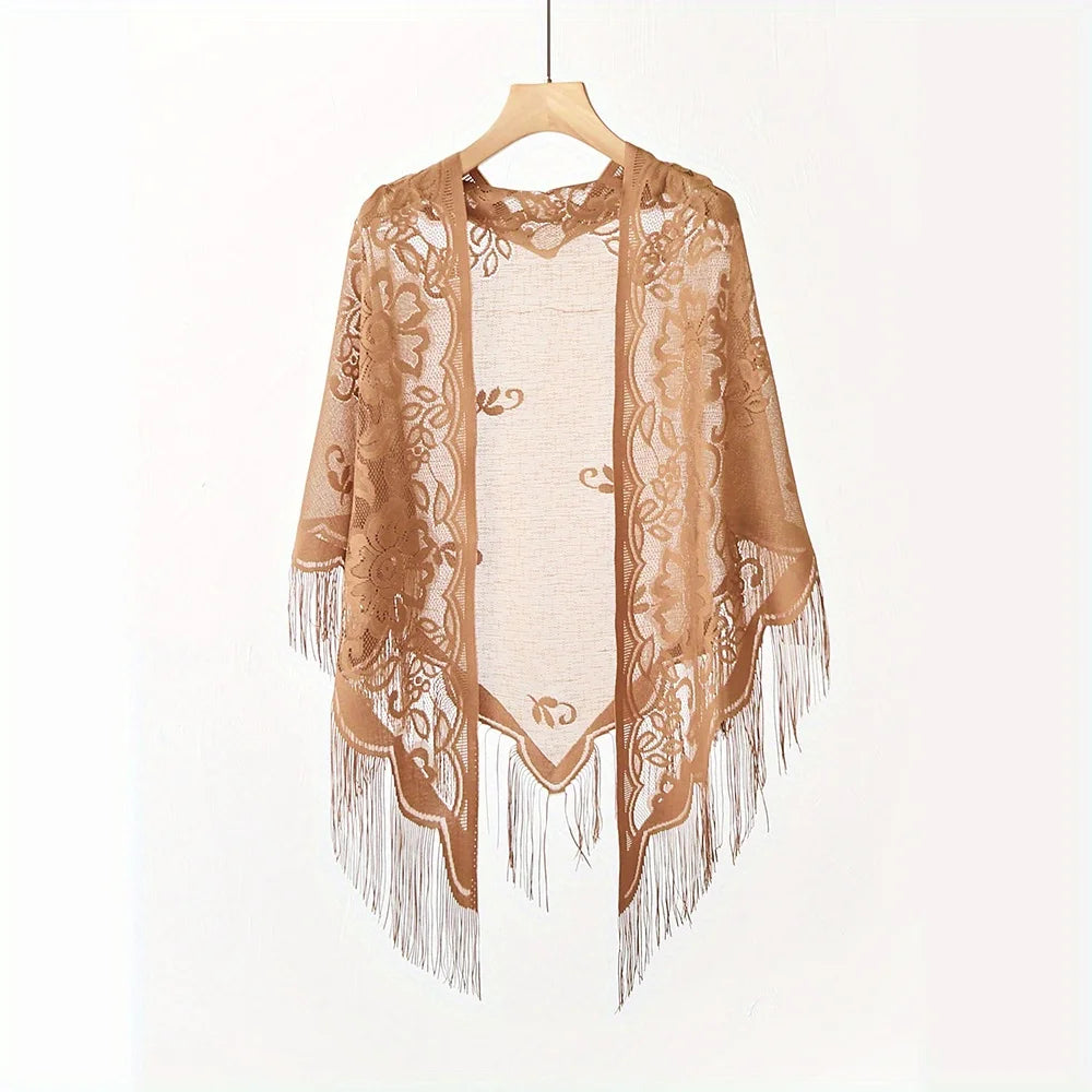 Women's Lace Tassel Triangle Shawl – Wedding & Beach Wrap Lace Shawl Wrap Zpaxo WHITE