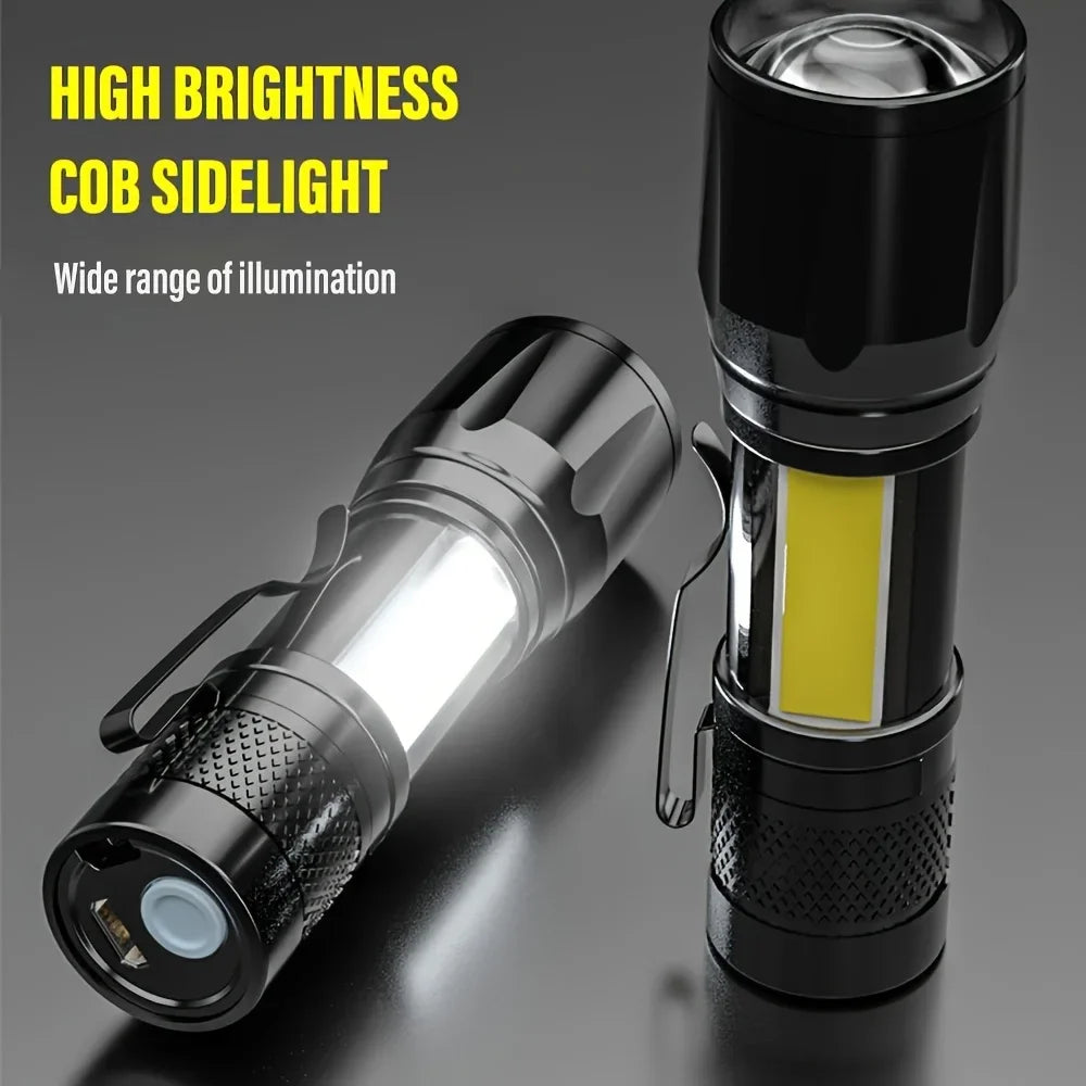 Mini LED Rechargeable Flashlight – Zoomable, Waterproof, Cap Clip
