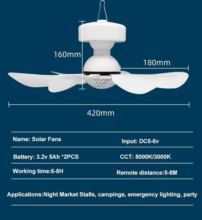 Solar Powered Charging Ceiling Fan Lights with 3 Color Led Lighting Portable for Outdoor Indoor Use Solar Fan Bulb Lamp Zpaxo