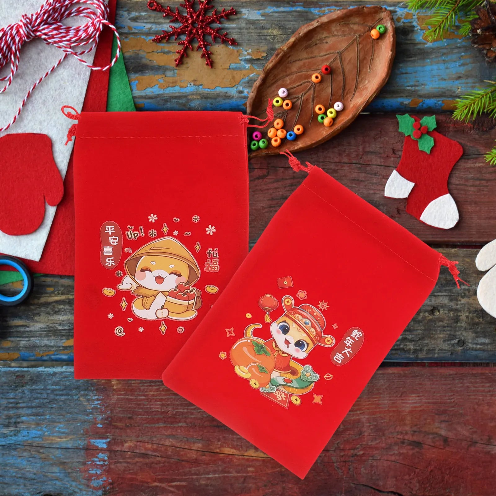 Chinese Red Present Bags 2025 Lunar Year Candy Pouches Reusable