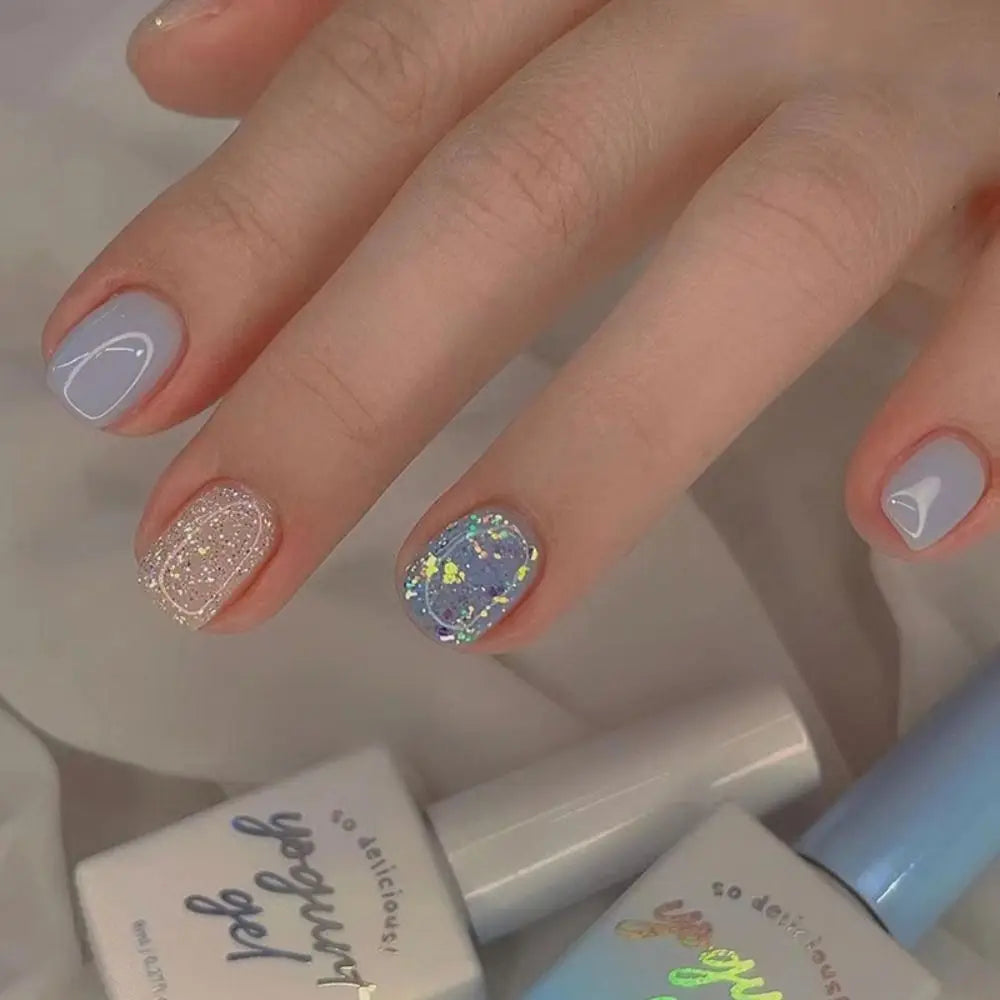 Short Round False Nails French Blue Sparkling Pearl White Wavy Love Zpaxo