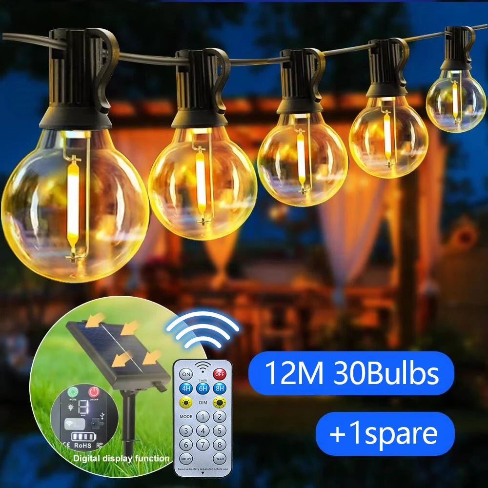 G40 Solar Outdoor Patio String Lights Remote Control Dimmable Waterproof Solar USB Charge String lights for Garden Balcony Decor Zpaxo 39FT 12M 30Bulbs Include RF Remote