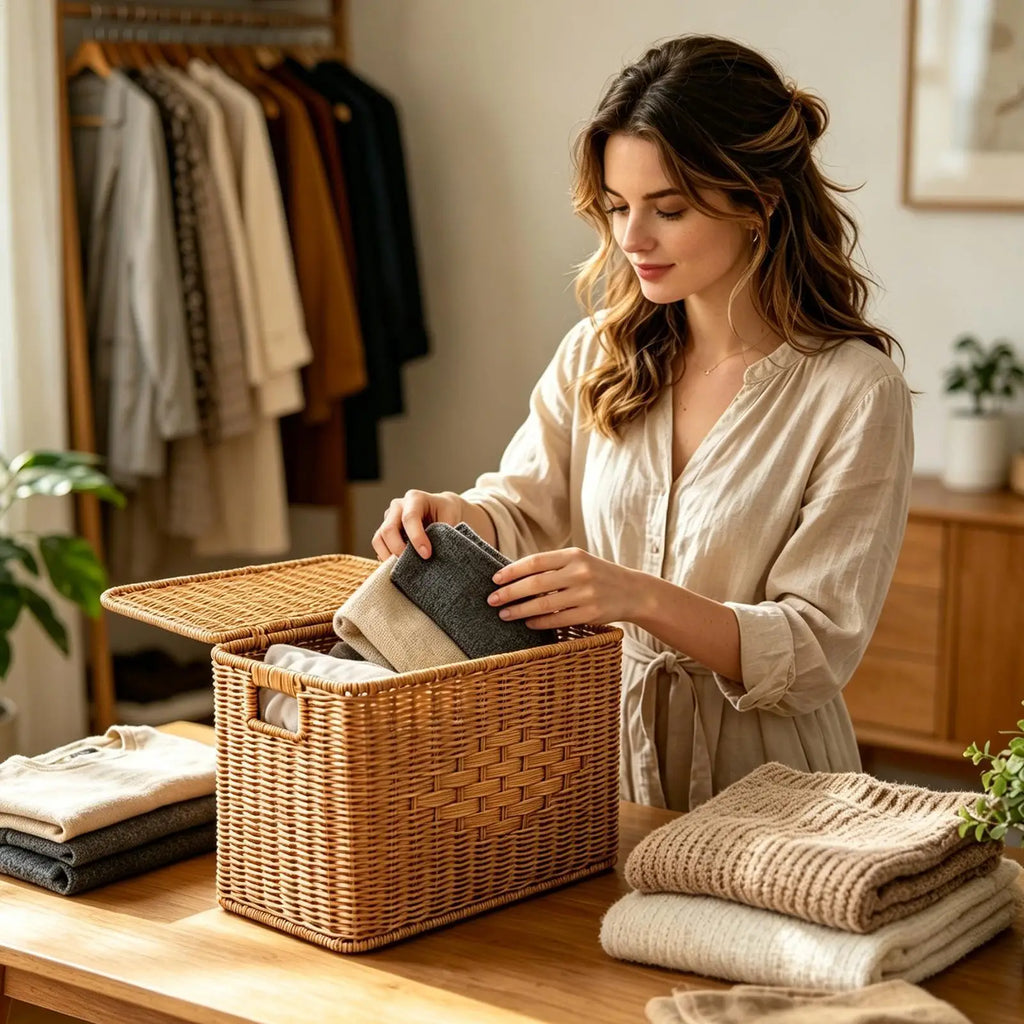 Slim Storage Basket with Lid Dustproof Tall Slim Woven Home Storage Bin Basket for Dorm Office Apartment Bedroom Living Room Zpaxo