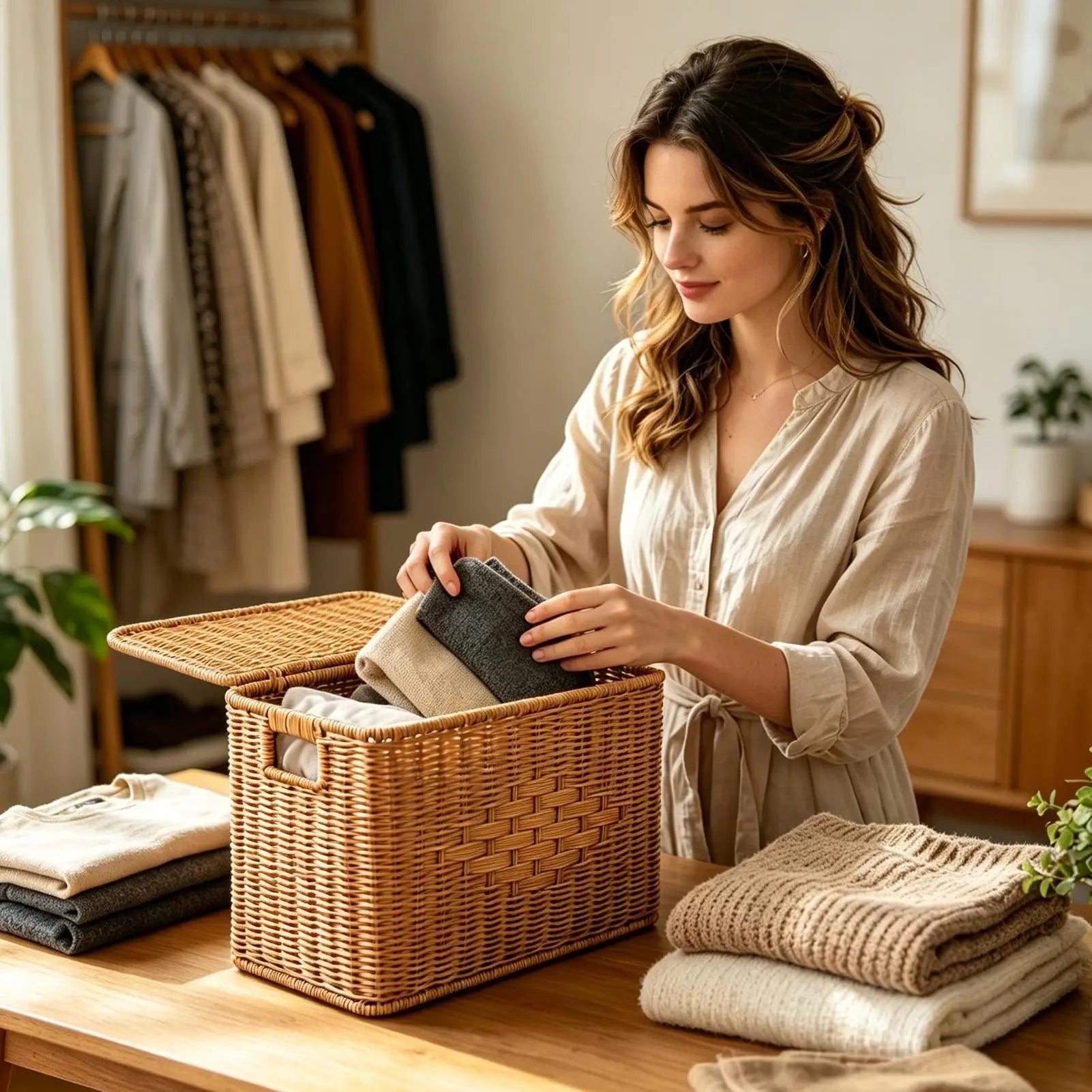Slim Storage Basket with Lid Dustproof Tall Slim Woven Home Storage Bin Basket for Dorm Office Apartment Bedroom Living Room Zpaxo