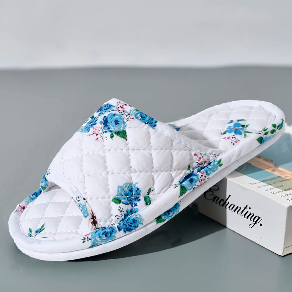 Women Home Slippers Soft Cotton Floral Floor Shoes Antislip Bedroom