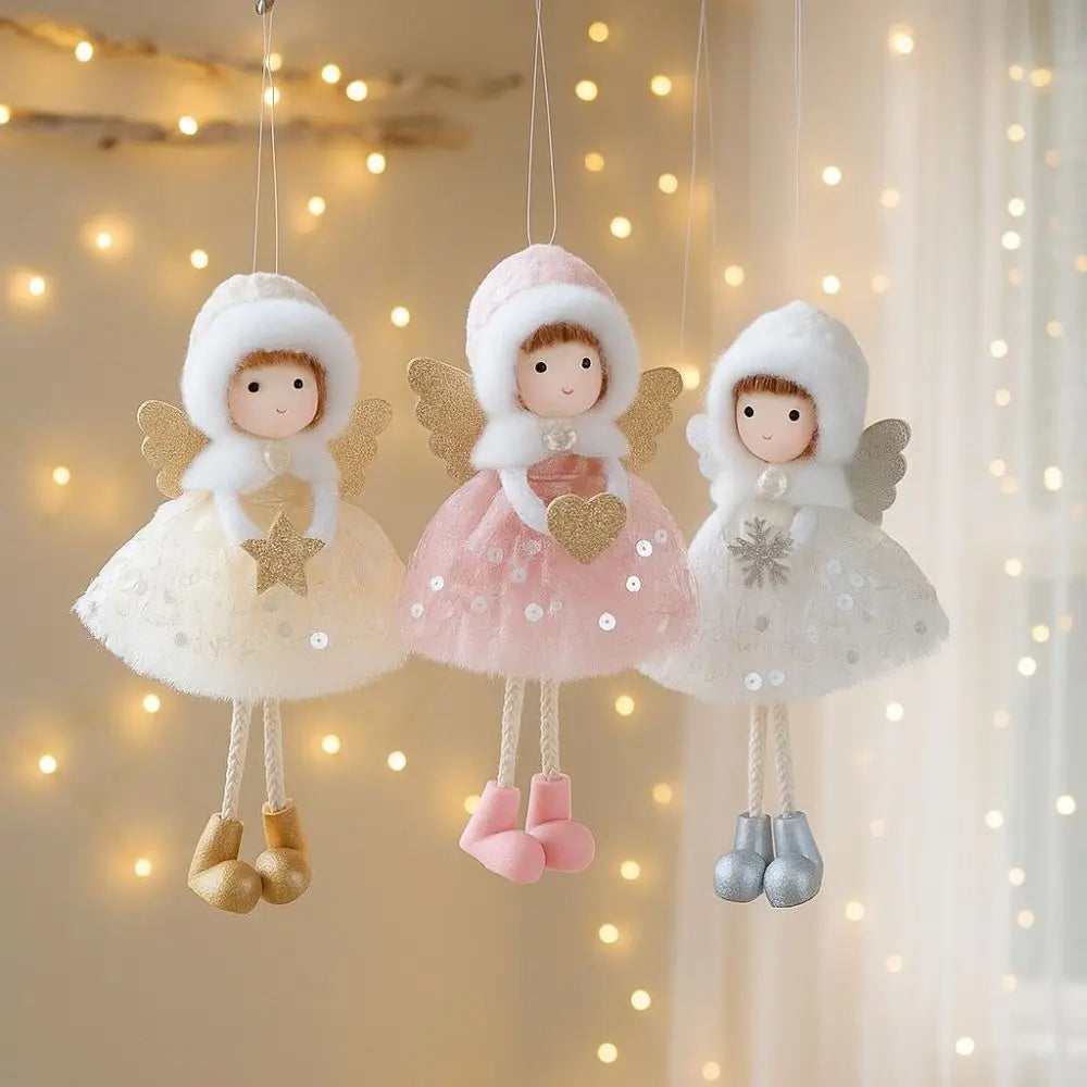 Cute Christmas Girl Pendant Plush White Mesh Girl Hanging Ornament Shiny Golden Wings Tulle Dress Christmas Tree Decorations Zpaxo