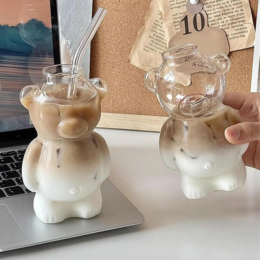 Glass Coffee Cups Reusable Bear Glassware 320ml Cute Glass Cups Coffee Drinkware for Iced Hot Milk Juice Water Cocktail Beer Zpaxo