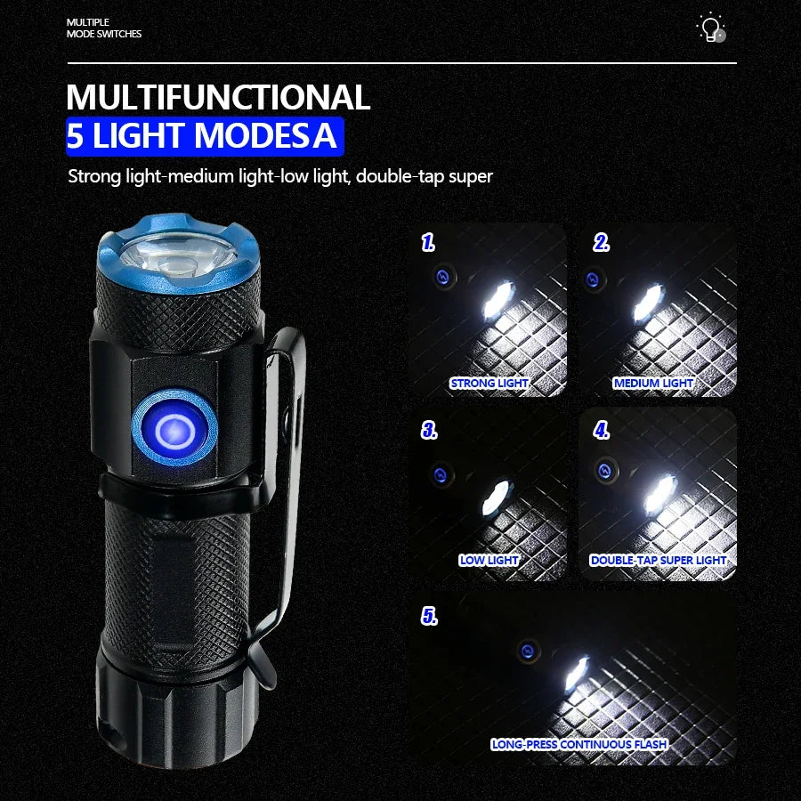 KDULIT Mini XHP50 LED Flashlight 1000LM USB Rechargeable Torch