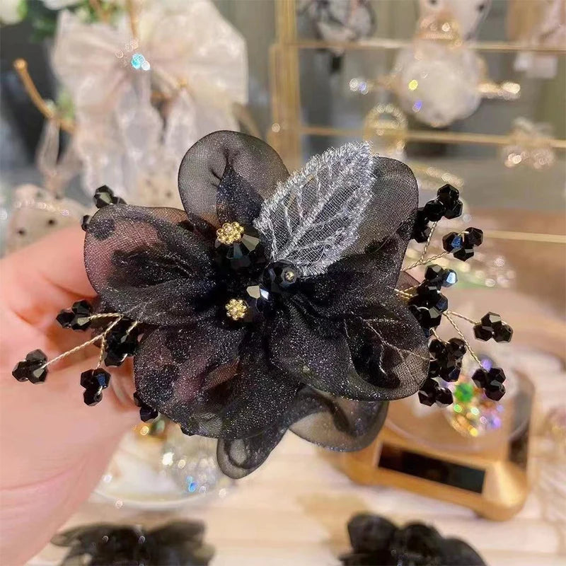 Rhinestone Flower Scrunchie – Elegant Ponytail Hair Tie Band