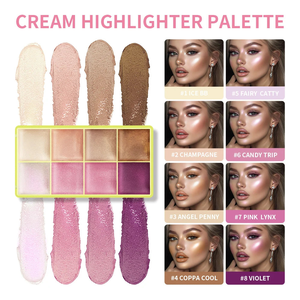 8-Color Cream Highlighter Palette – Bronzer, Blush & Glow Makeup Cream Highlighter Palette Zpaxo