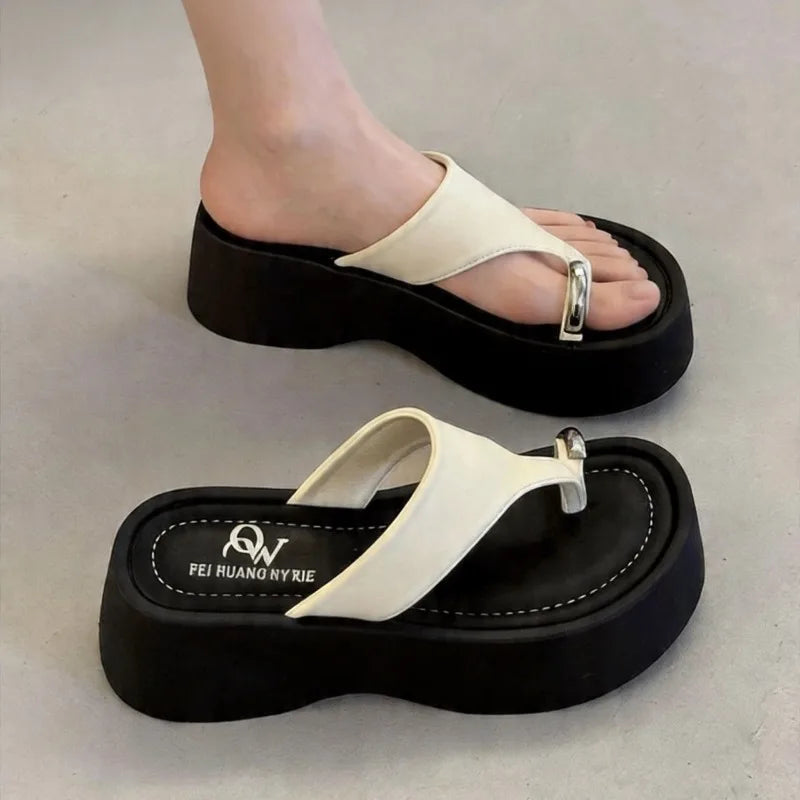 Women's Fish Mouth Toe Loop Comfortable Thick Sole Slippers Summer Zpaxo Beige 35