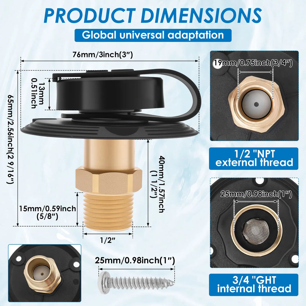 RV City Water Inlet 3/4 Inch GHT Female to 1/2 Inch NPT Male Brass RV Water Fill Inlet Replacement w/ Check Valve for Camper Zpaxo black