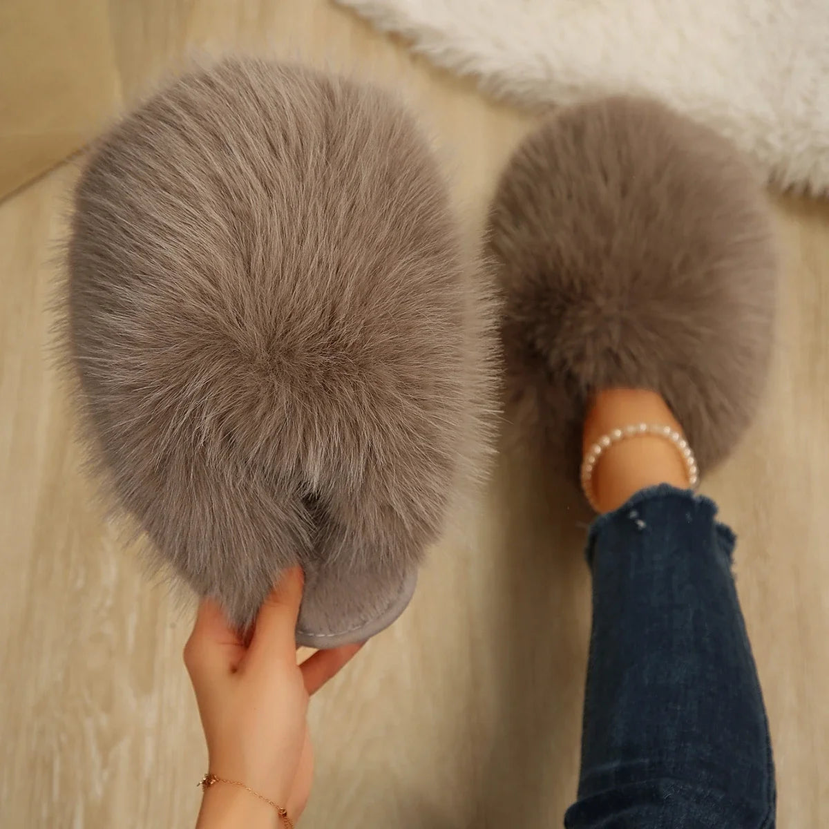 Women Fluffy Slippers Multicolor Large Size Shoes Cover Toe Warm Cotton Slippers Fashionable Autumn Winter Flat Slides Women Zpaxo Khaki 42-43