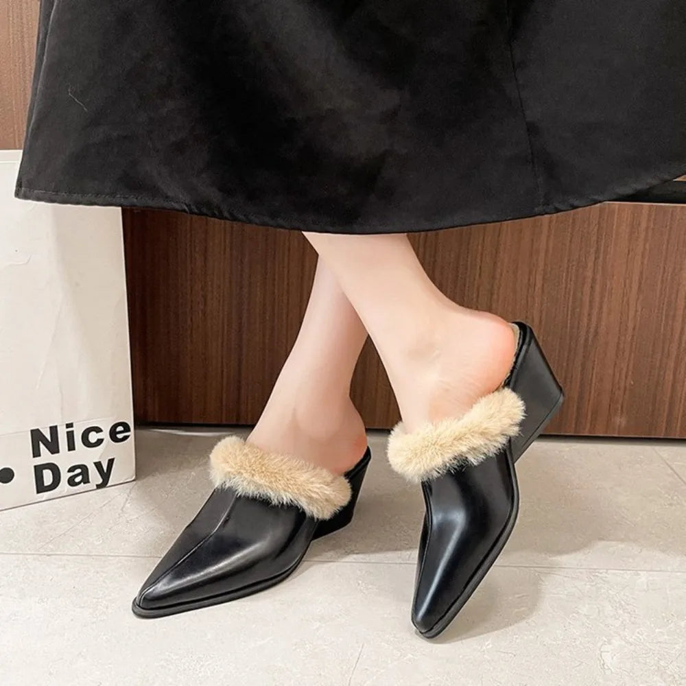 Non-slip Women 2025 Winter Baotou Half Slippers Block Heel Pointed
