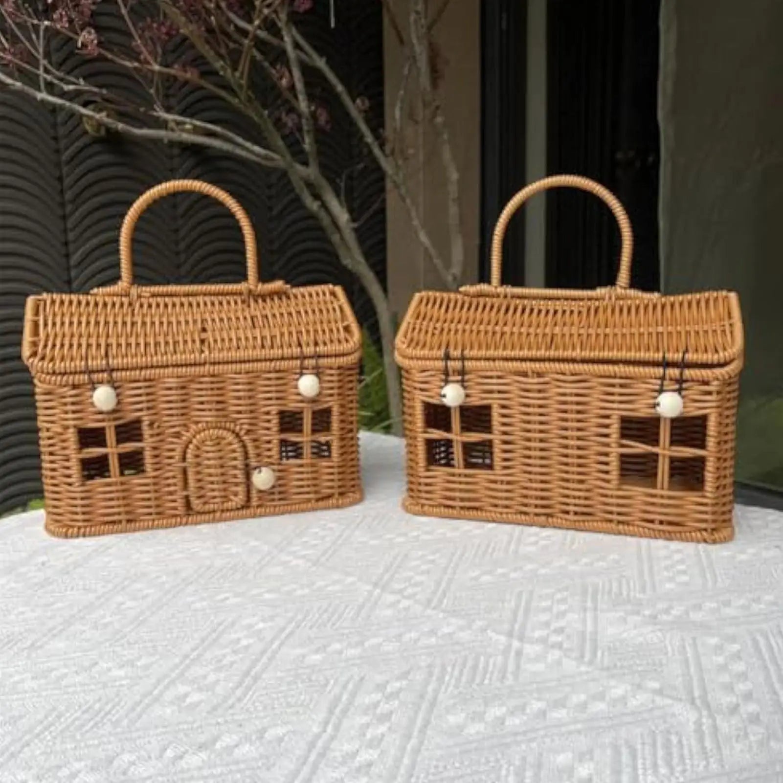 Rattan Storage Basket House Shape Lid Organizer Box Home Closet