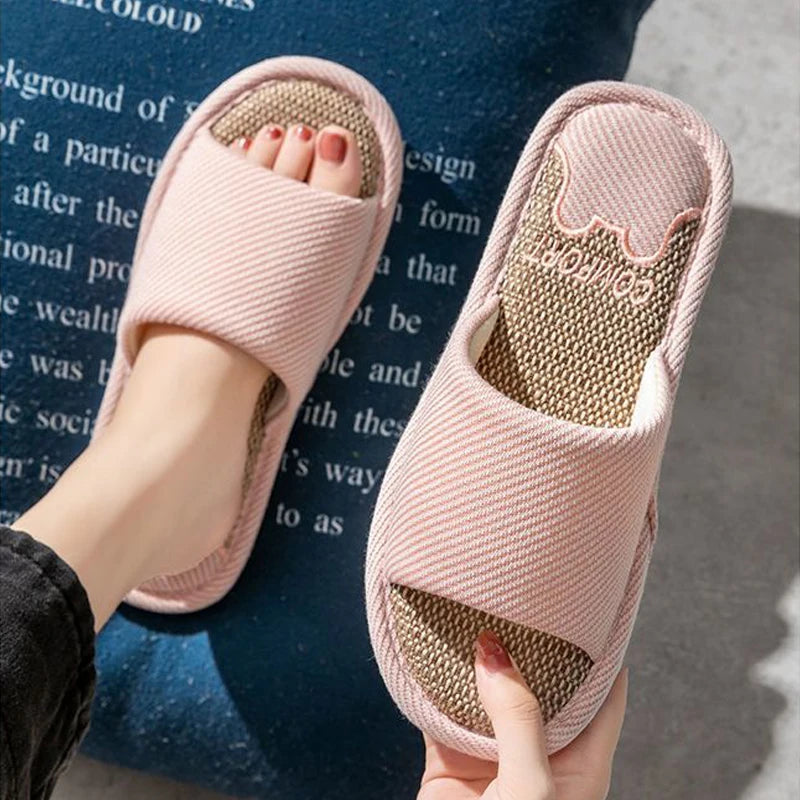 Women Linen Slippers Four Seasons Indoor Sandals Adults Cartoon