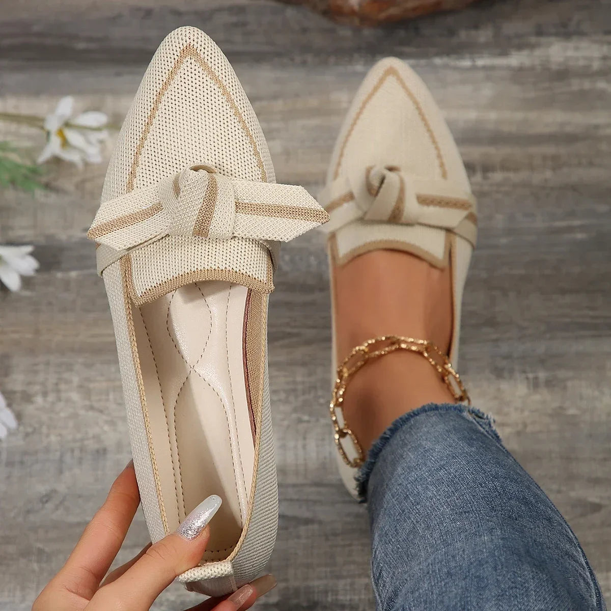 Women Flats 2024 Knitted Slip Breathable Comfortable Solid Shoes Zpaxo Beige 37