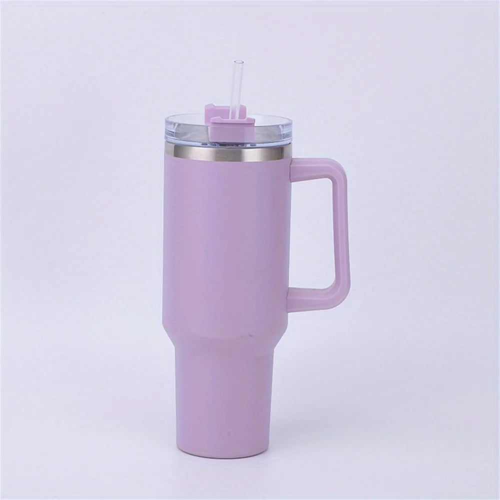 Halloween gift New 40OZ Handle Cup Double-layer Thermos Cup 304 Handle Car Water Cup with Straw Zpaxo light purple 40oz