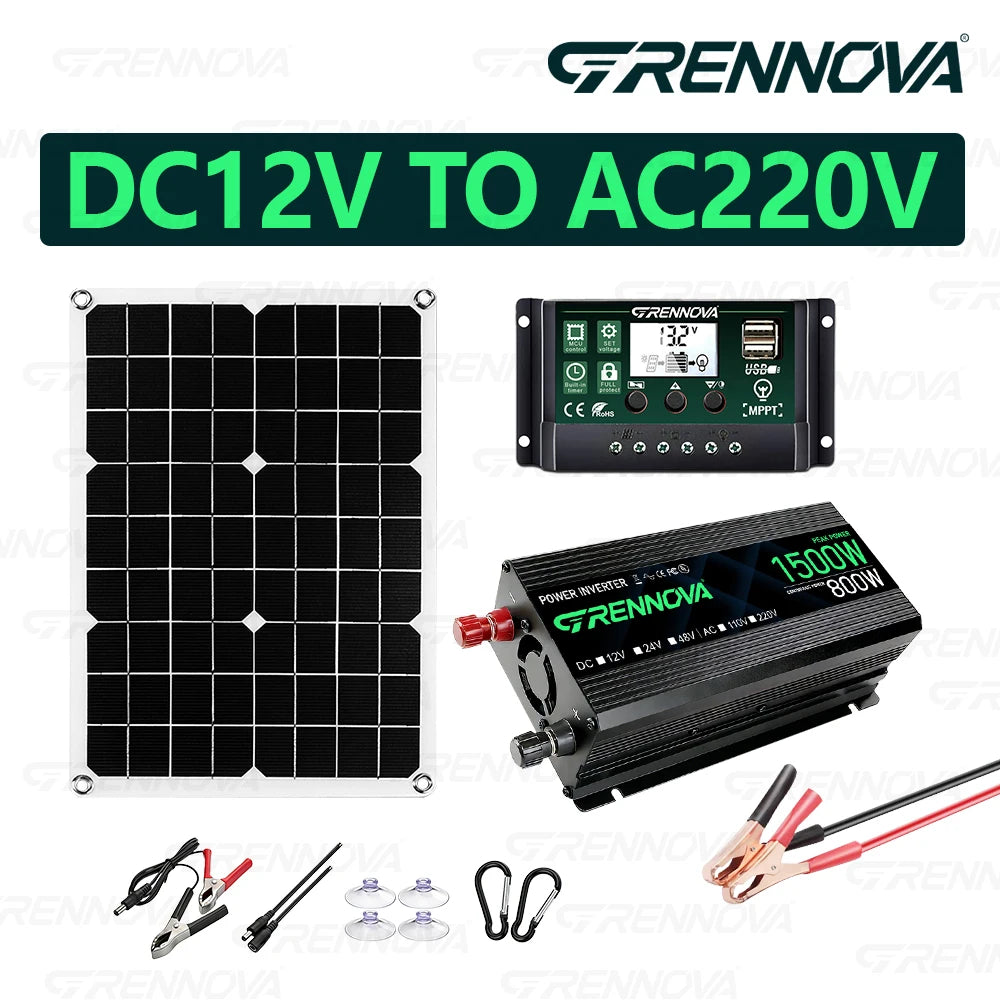 Grennova True 1500W Solar System 12V To110V/220V Inverter 60A MPPT Controller 40W Panel Complete Kit For RV/Farm Home Backup Zpaxo 220V Kit