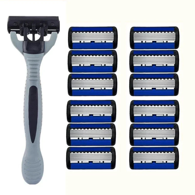 Men's Safety Razor Manual Stainless Steel 6-Layer Blade Hair Removal Tool Replaceable Razor Head Grooming Kit Zpaxo 1Handle and 12Blades