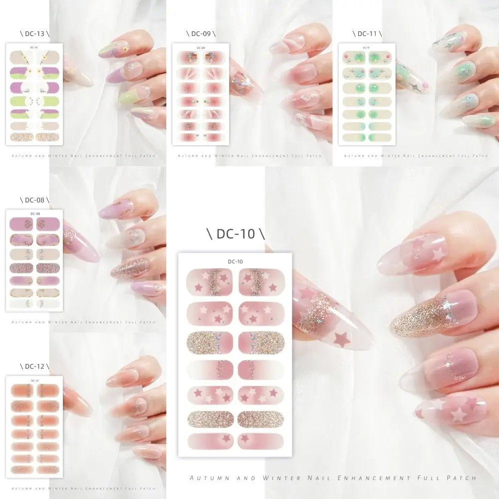 14 Strips Semi Cured Gel Nail Stickers Floristic Full Cover Gel Nail Polish Strips French Nail Art Glittering Nail Art Stickers Zpaxo
