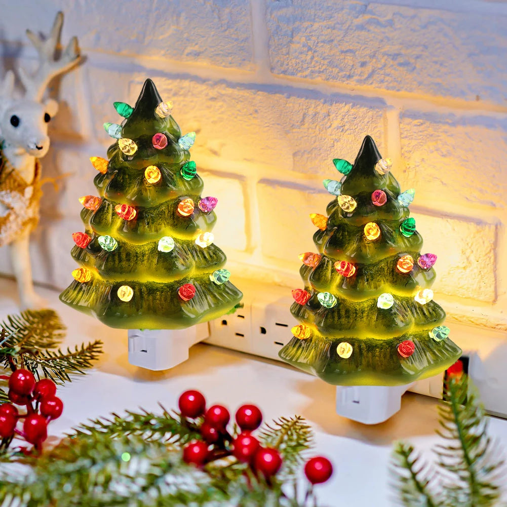 UK-Plug Resin Christmas Tree Night Light Vintage Christmas Tree Wall Plug in Night Light Decorative Tree Nightlight for Room Zpaxo