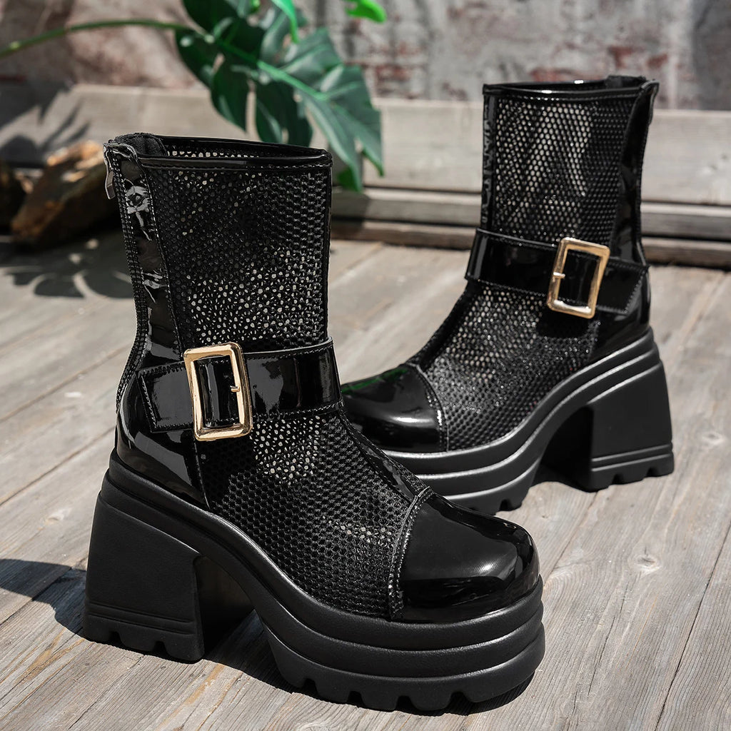 Women Boots 2025 New Solid Color Round Toe Boots Mesh Breathable Comfortable Women Sandals Summer Thick Heel Fashion Shoes Women Zpaxo